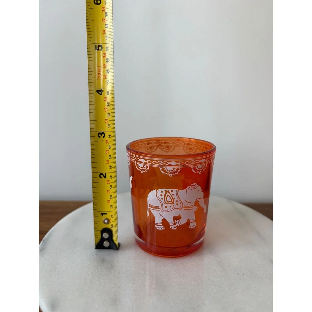 Cultural Intrigue Orange Glass Elephant Tea Light Candle Holder Boho Amber 3in